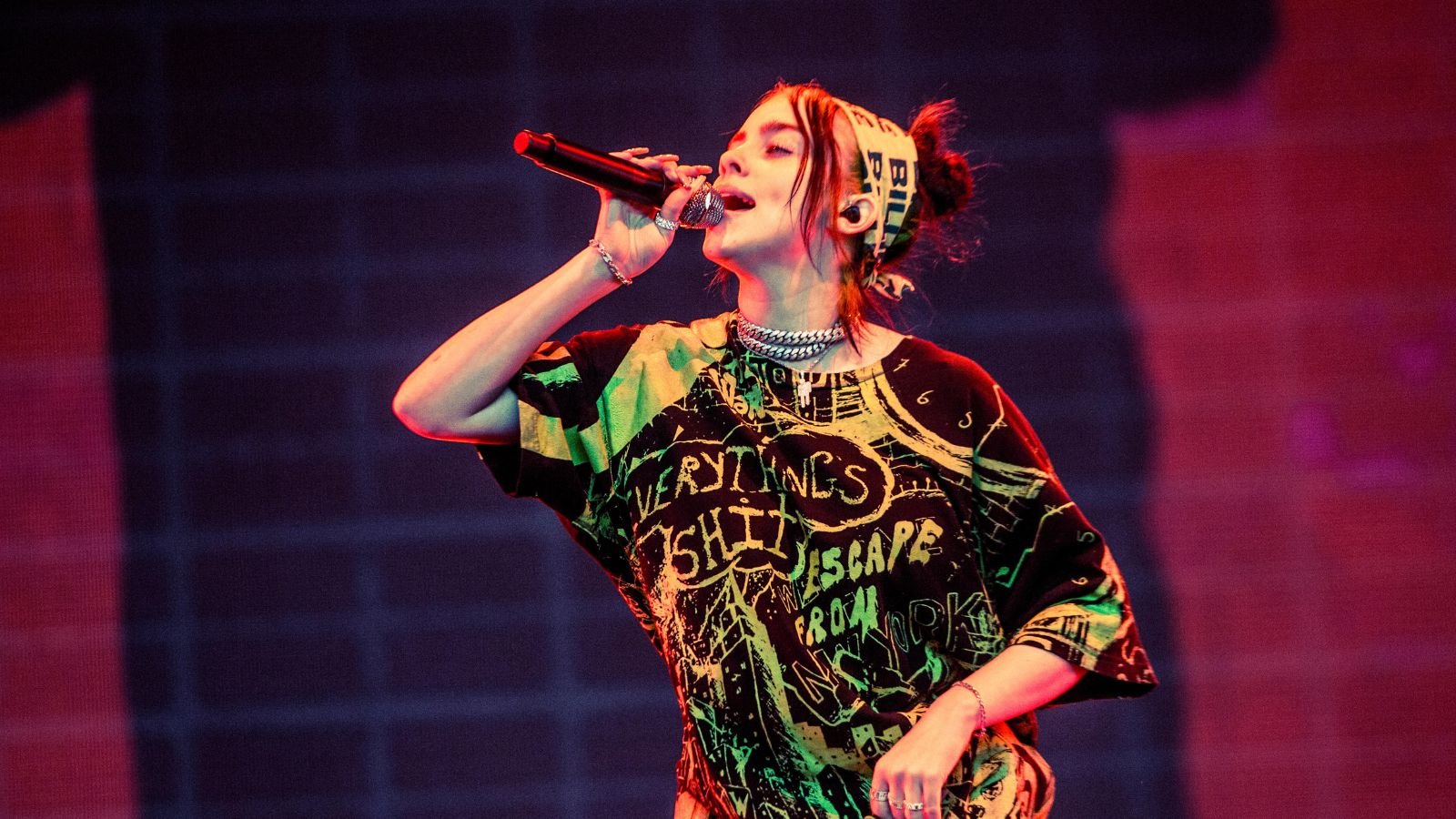 Vegan singer-songwriter Billie Eilish performing in green outfit