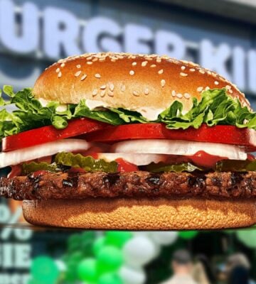 A Plant-Based Whopper from Burger King in front of a meat-free restaurant