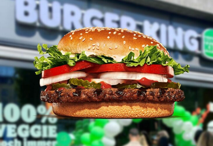 A Plant-Based Whopper from Burger King in front of a meat-free restaurant