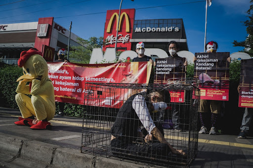 A protest outside McDonald's with a caged person