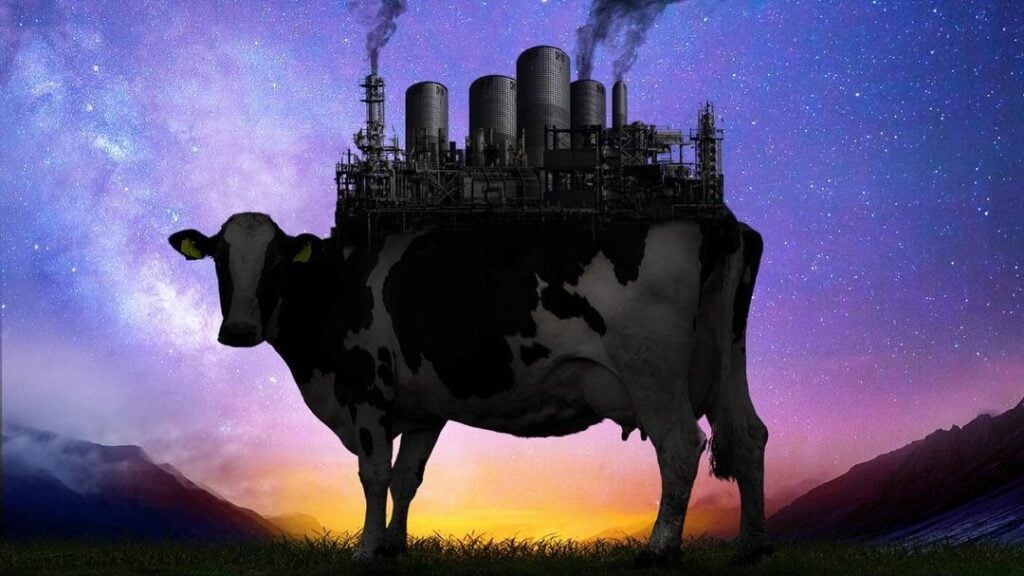 A cow stands against a starry sky with a factory on its back