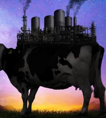 A cow stands against a starry sky with a factory on its back