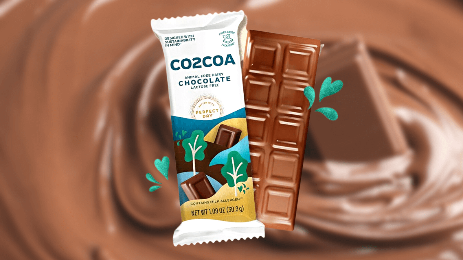 CO2COA chocolate bar against a chocolate background