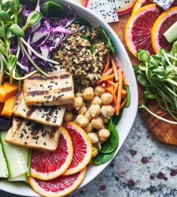 a buddha bowl filled with plant-based ingredients