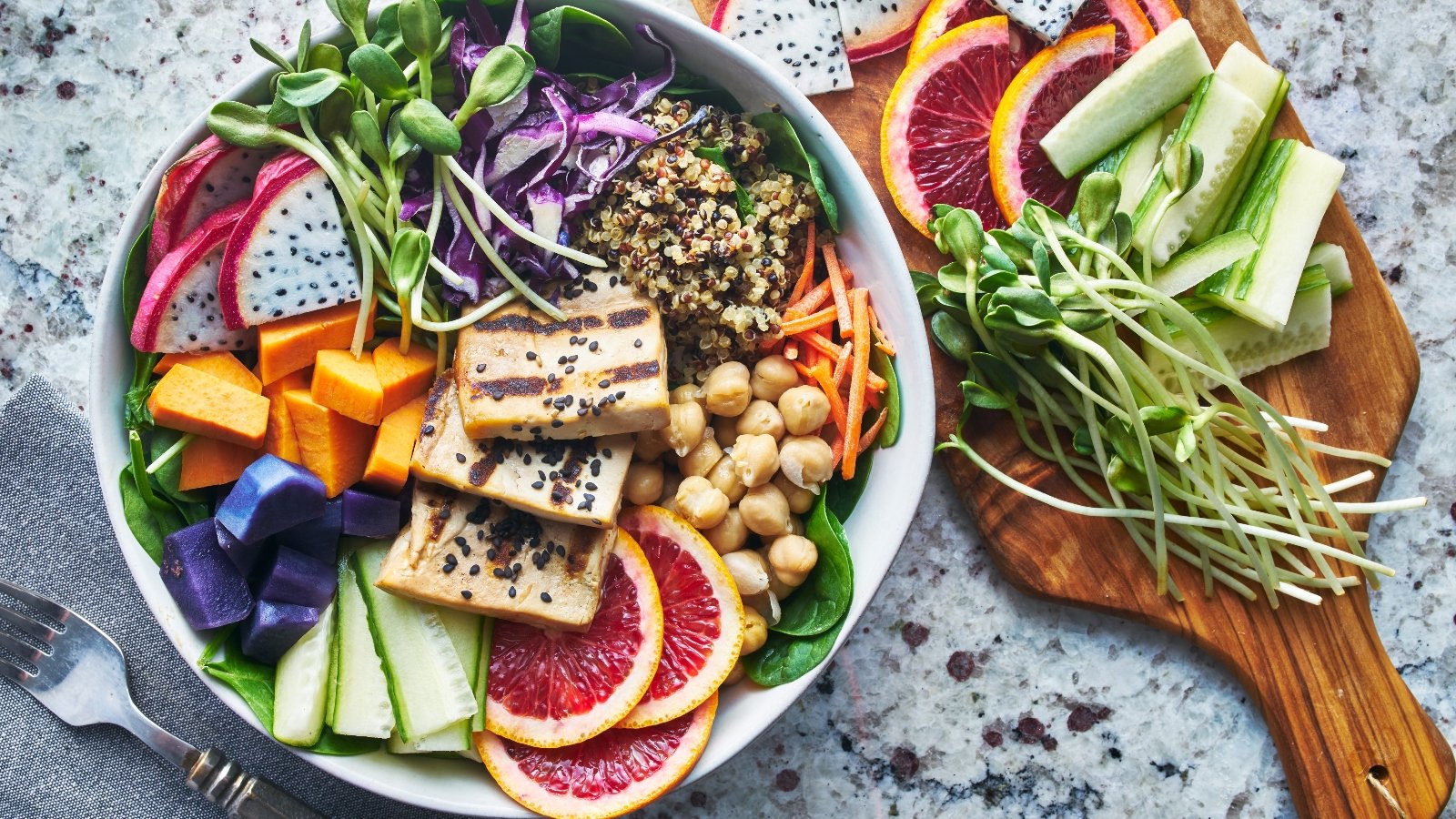 a buddha bowl filled with plant-based ingredients