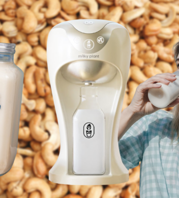 A Milky Plant machine beside a person drinking milk and a bottle of vegan milk