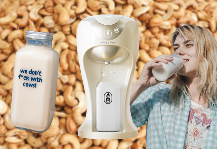 A Milky Plant machine beside a person drinking milk and a bottle of vegan milk