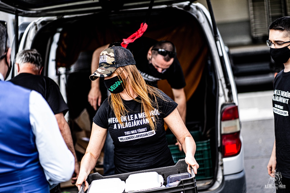 A person carrying food donations wearing a face mask with "vegan" on it