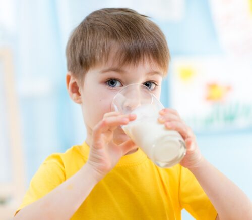A child wearing a yellow t-shirt drinking milk
