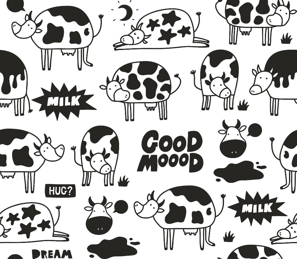 A black and white cartoon of dairy cows looking playful