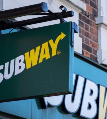 Subway fast food sign, High Street, Lincoln, Lincolnshire, UK