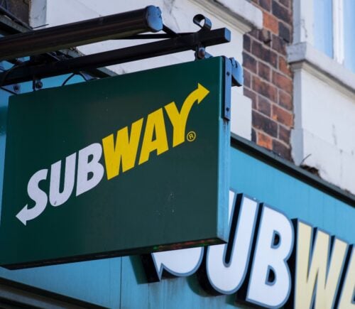 Subway fast food sign, High Street, Lincoln, Lincolnshire, UK
