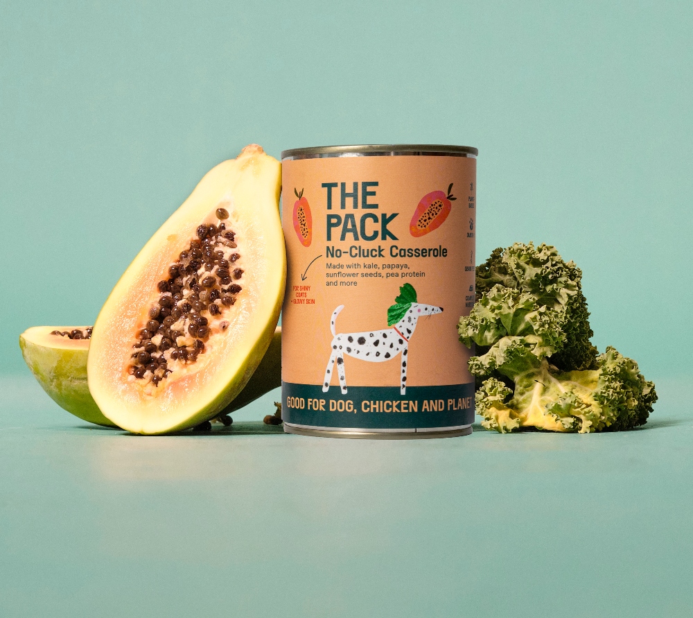 A can of plant-based dog food by THE PACK