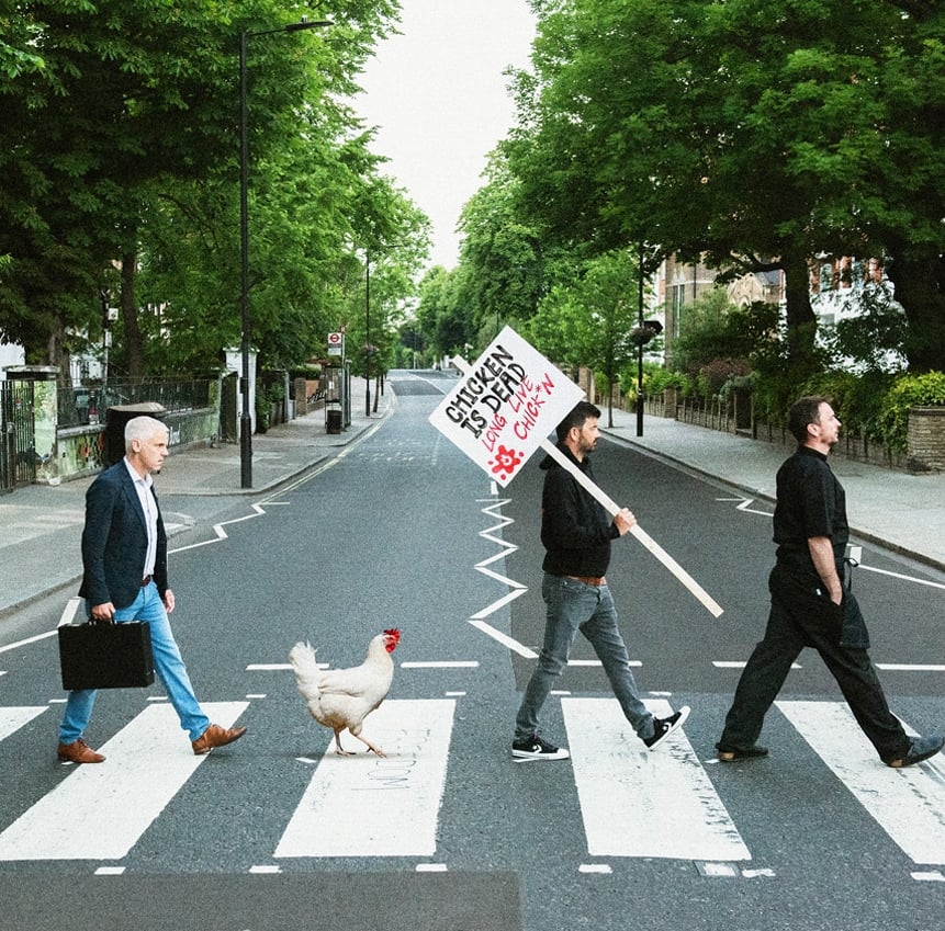 The VFC team walking on the classic Beatles crossing with a chicken