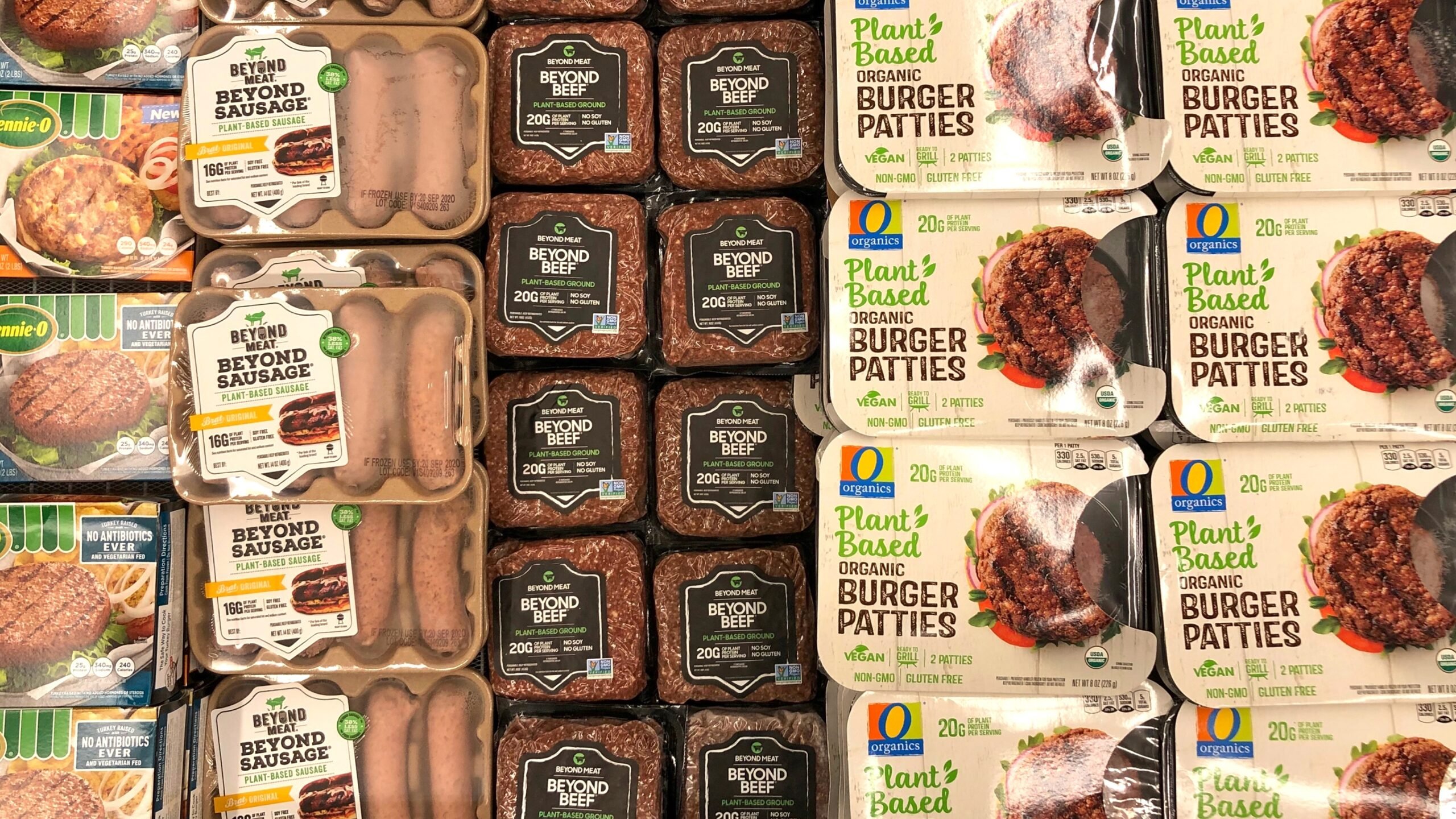 A selection of plant-based meats in a supermarket