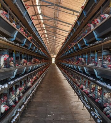 Rows of hens in cages at a factory farm