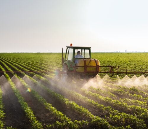 Tractor spraying pesticides on soybean field with sprayer at spring