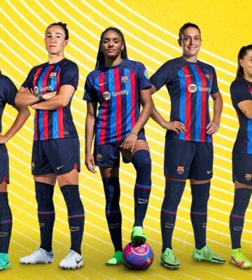 A photoshoot of the FC Barcelona players against a yellow background