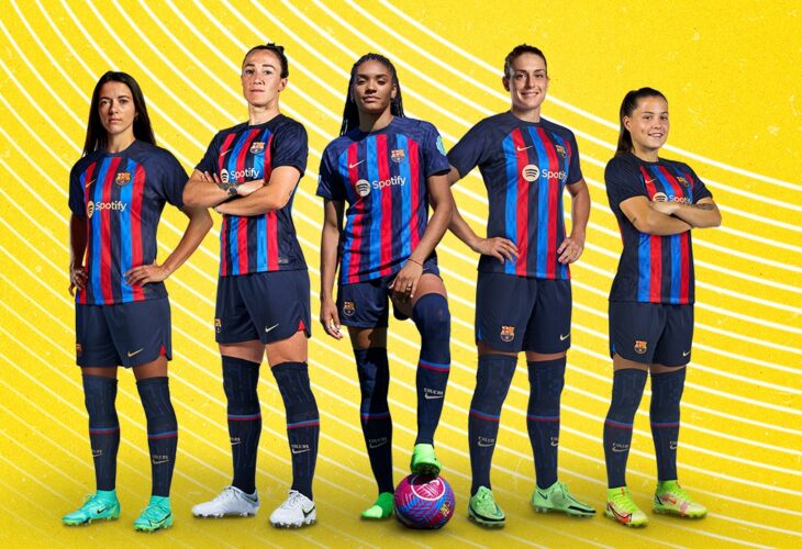 A photoshoot of the FC Barcelona players against a yellow background