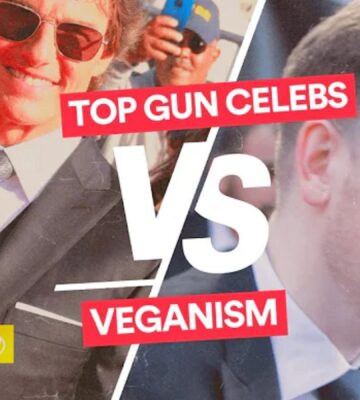 Actors on a split screen with the text Top Gun Celebs vs Veganism