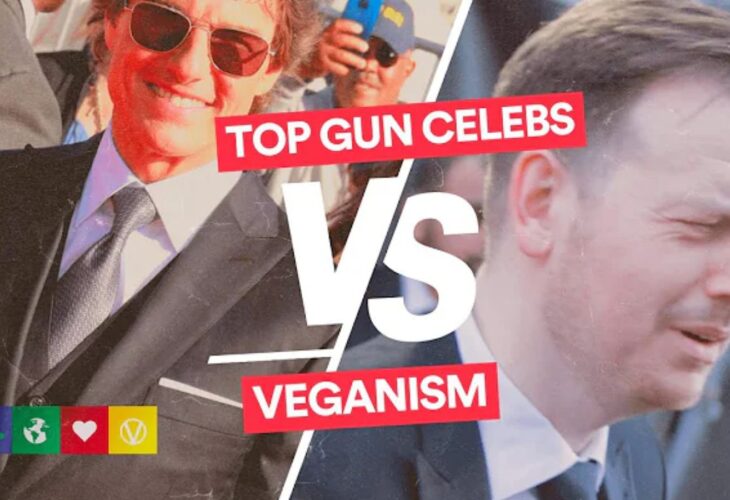 Actors on a split screen with the text Top Gun Celebs vs Veganism