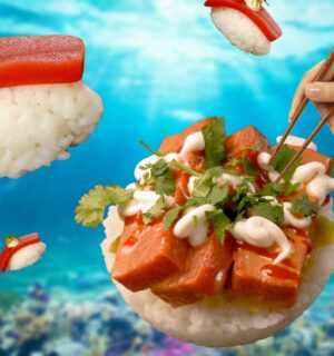 Vegan sushi sliders floating in a blue ocean