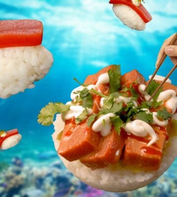 Vegan sushi sliders floating in a blue ocean