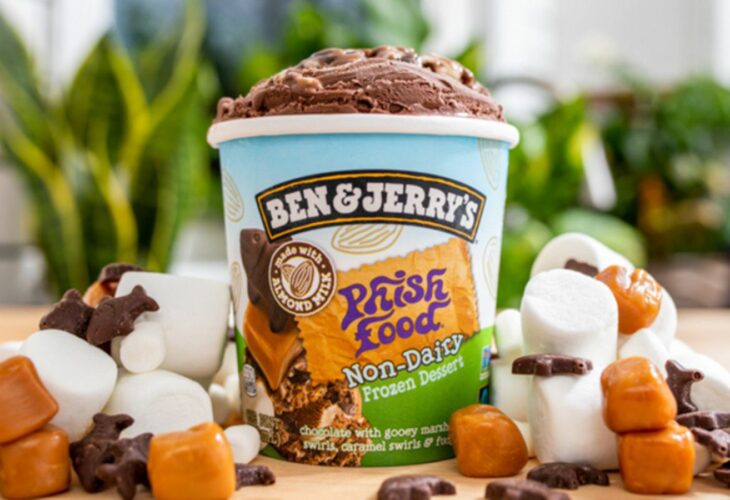 A tub of dairy-free Ben & Jerry's ice cream: vegan Phish Food flavor