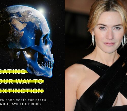 Kate Winslet beside the Eating Our Way To Extinction poster, which depicts the earth as a skull