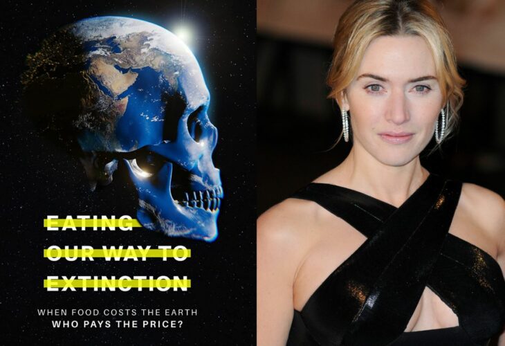 Kate Winslet beside the Eating Our Way To Extinction poster, which depicts the earth as a skull