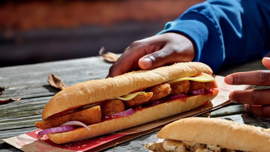 The Greggs Chicken-Free Baguette comes with non-dairy cheese