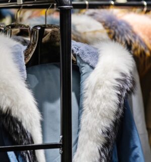 Winter fur coats hung up on a clothing rack