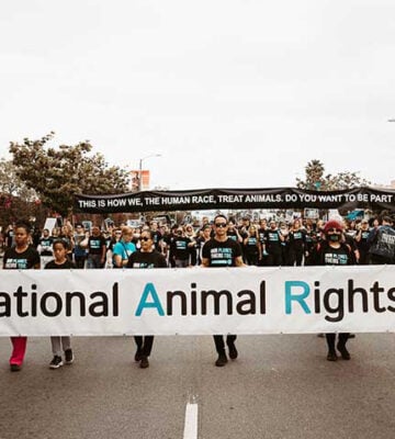 protestors hold a banner saying the national animal rights day