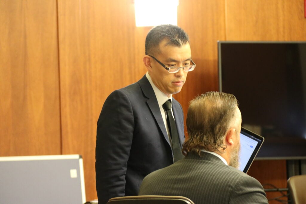 Animal activists Wayne Hsiung and Paul Darwin Picklesimer in court during the Smithfield Trial