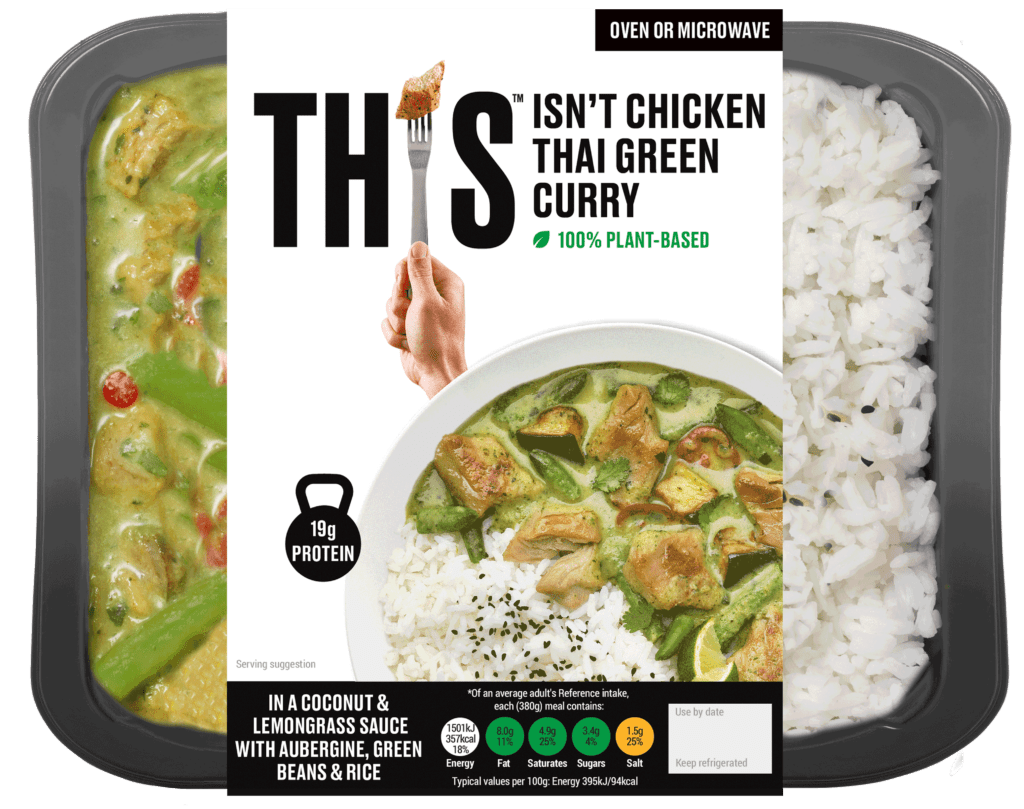 A packet of THIS's vegan ready meal: plant-based chicken Thai green curry