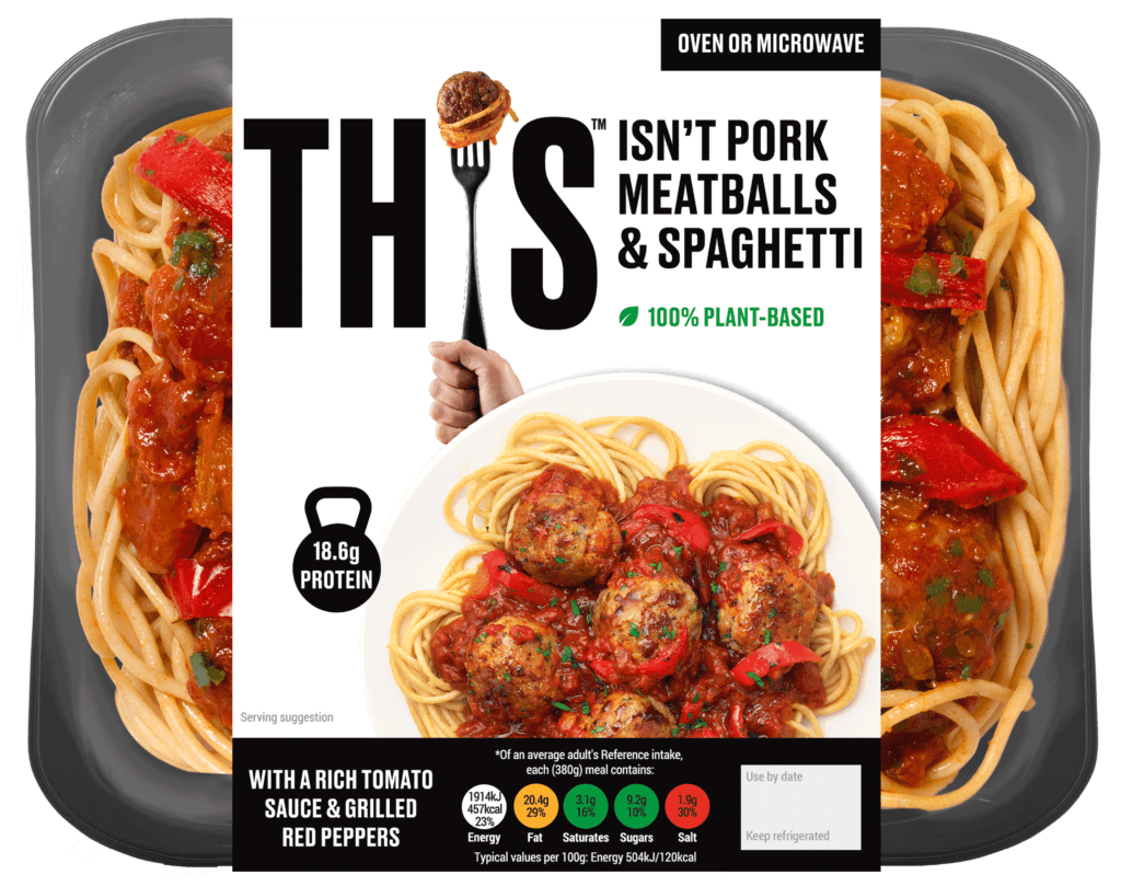 A packet of THIS's vegan ready meal: pork meatballs and spaghetti