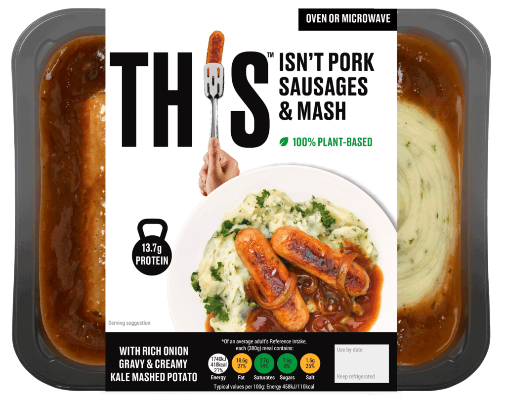A packet of THIS's vegan ready meal: plant-based pork sausages and mash