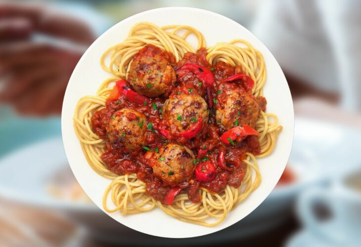 A plate of vegan spaghetti and meatballs from a THIS plant-based ready meal