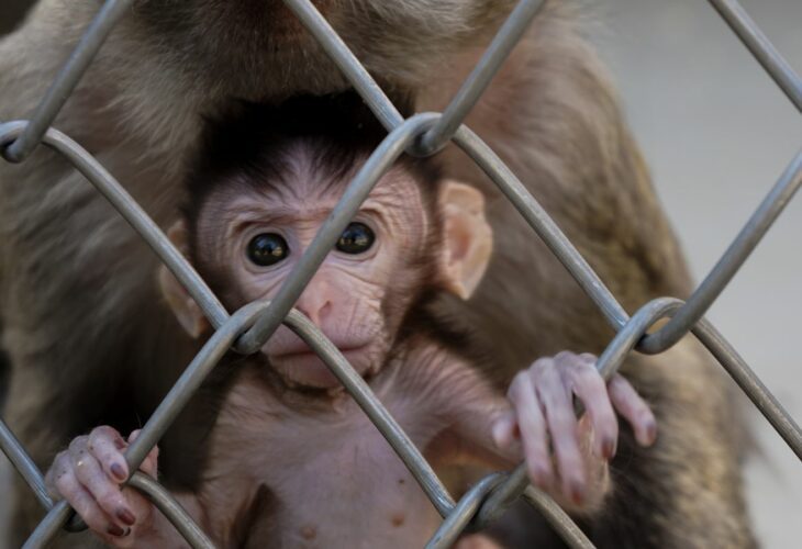 baby monkey behind a fence in a zoo