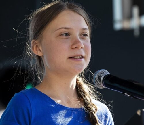 Vegan environmentalist Greta Thunberg gives a speech
