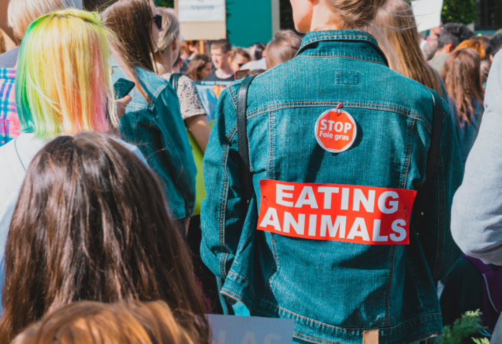 A group of people at a protest, one of whom wears a denim jacket with a "stop eating animals" sign on it