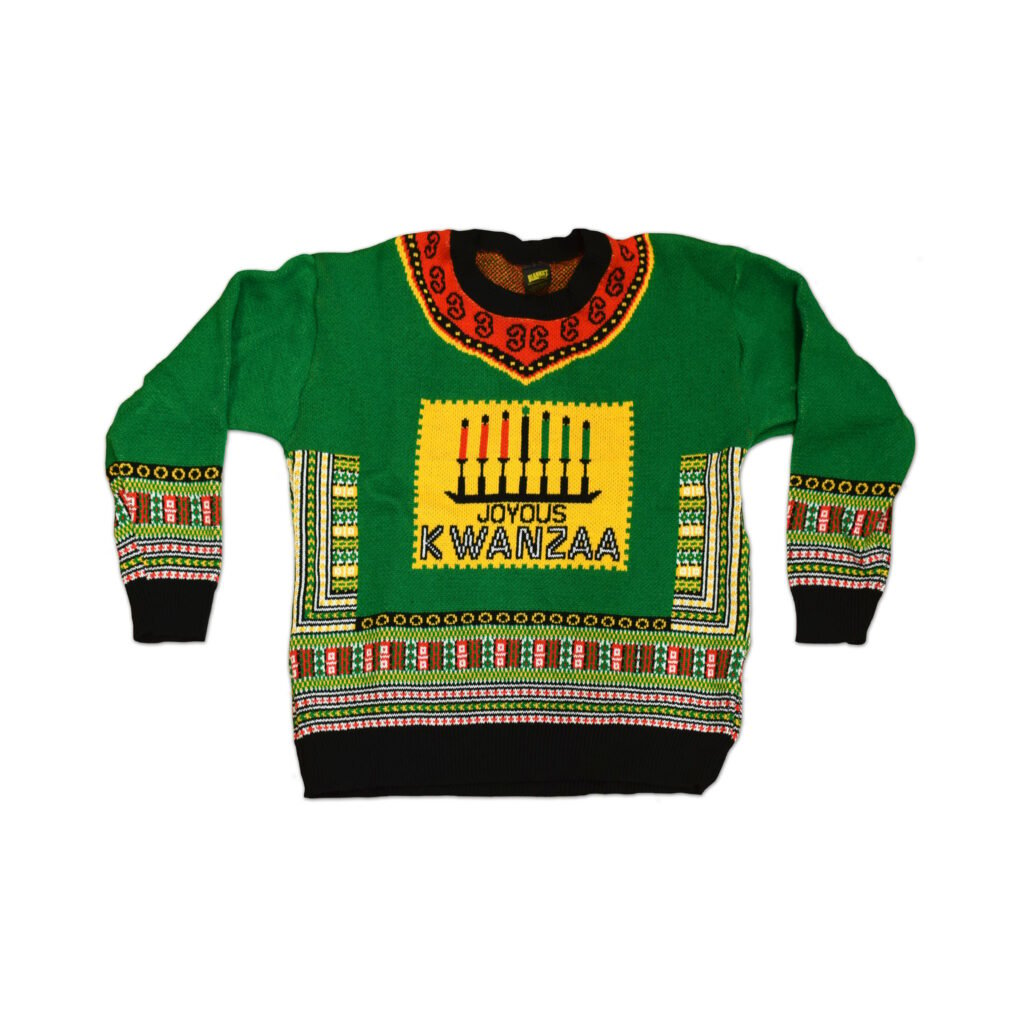 A patterned green vegan Kwanzaa jumper