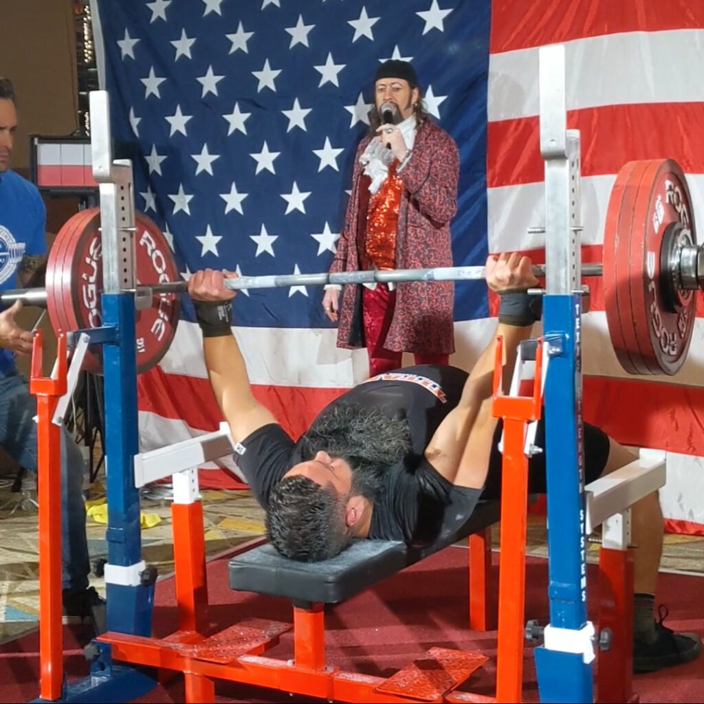 Vegan bodybuilder Noah Hannibal lifting weights at Mr America