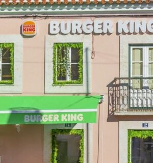 A pink and green vegan Burger King restaurant in Lisbon, Portugal
