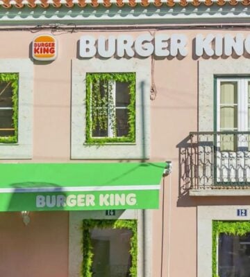 A pink and green vegan Burger King restaurant in Lisbon, Portugal