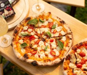 a vegan pizza using plant-based cheese brand "Swees"
