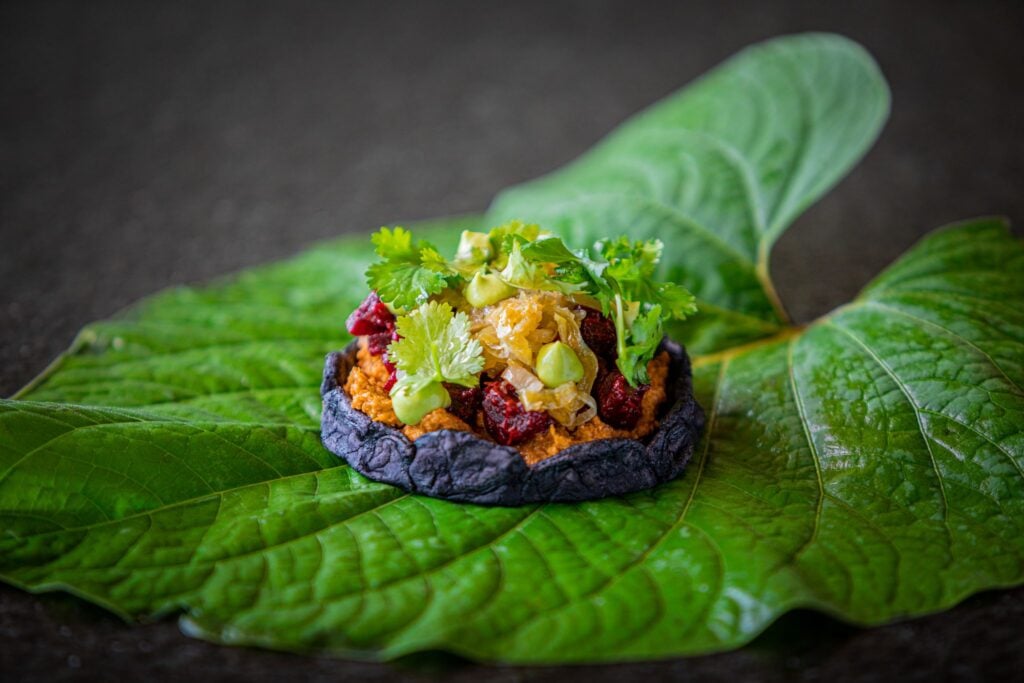 A vegan food dish from Palmaïa resort in Mexico resting on a leaf