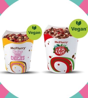 Two vegan McFlurries atop a colorful background