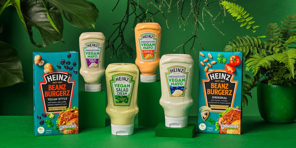 A selection of vegan products from Heinz, including vegan burgers