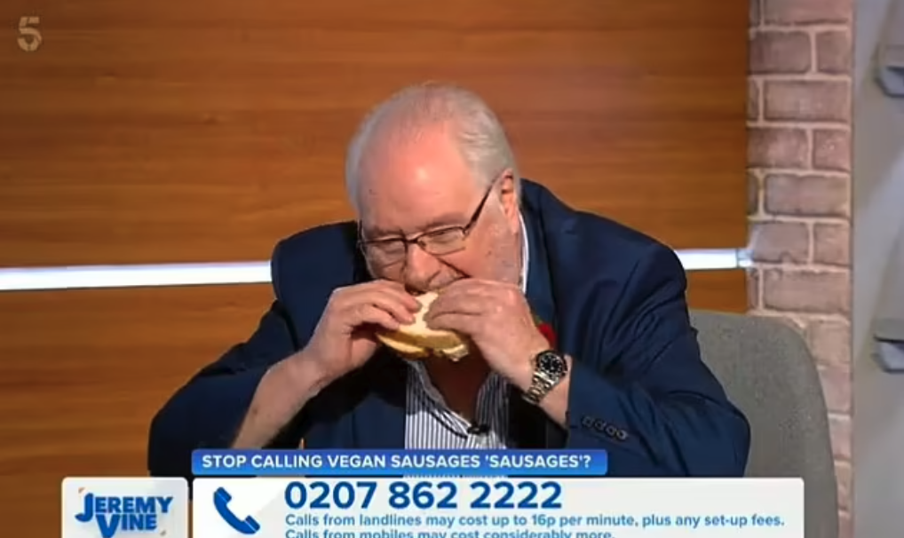 Sausage expert Mike Parry eating vegan sausage on the Jeremy Vine show